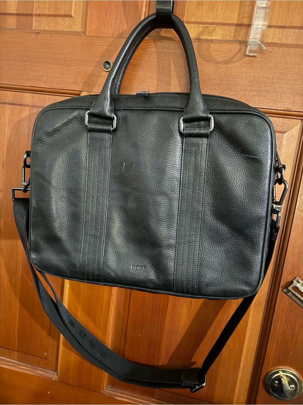 Boss Black Pebbled Leather Laptop Briefcase with Shoulder Strap